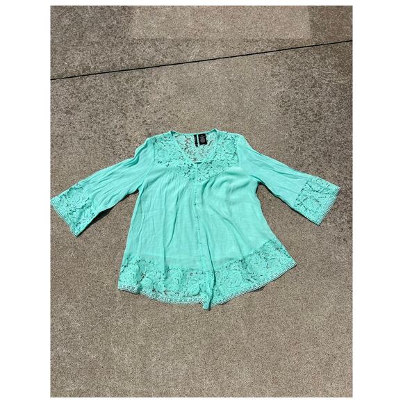 New Directions Women Size Small Petite Mint Button Front Lace Half Sleeve Blouse - Picture 1 of 5
